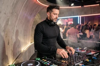 DJ français reconnu derrière ses platines Pioneer dans une boîte de nuit parisienne branchée en 2026
