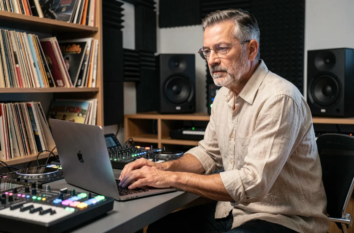 DJ français connu dans son studio d'enregistrement parisien travaillant sur de nouveaux morceaux en 2026