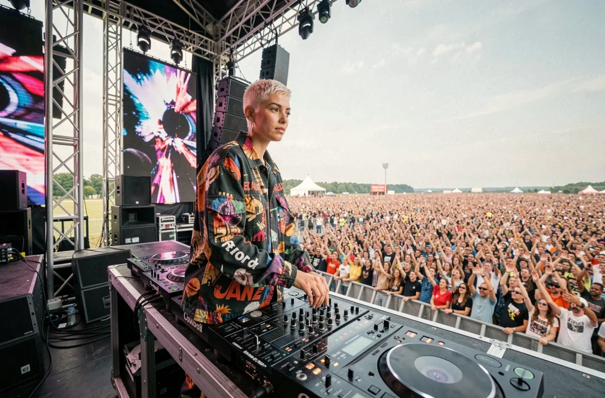 DJ française célèbre en performance sur une grande scène de festival en plein air devant une foule immense