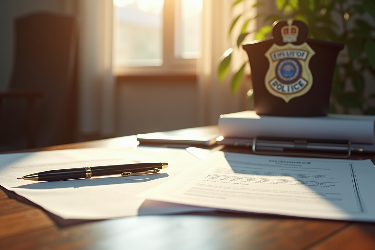 Documents officiels badge et stylo sur bureau ensoleille