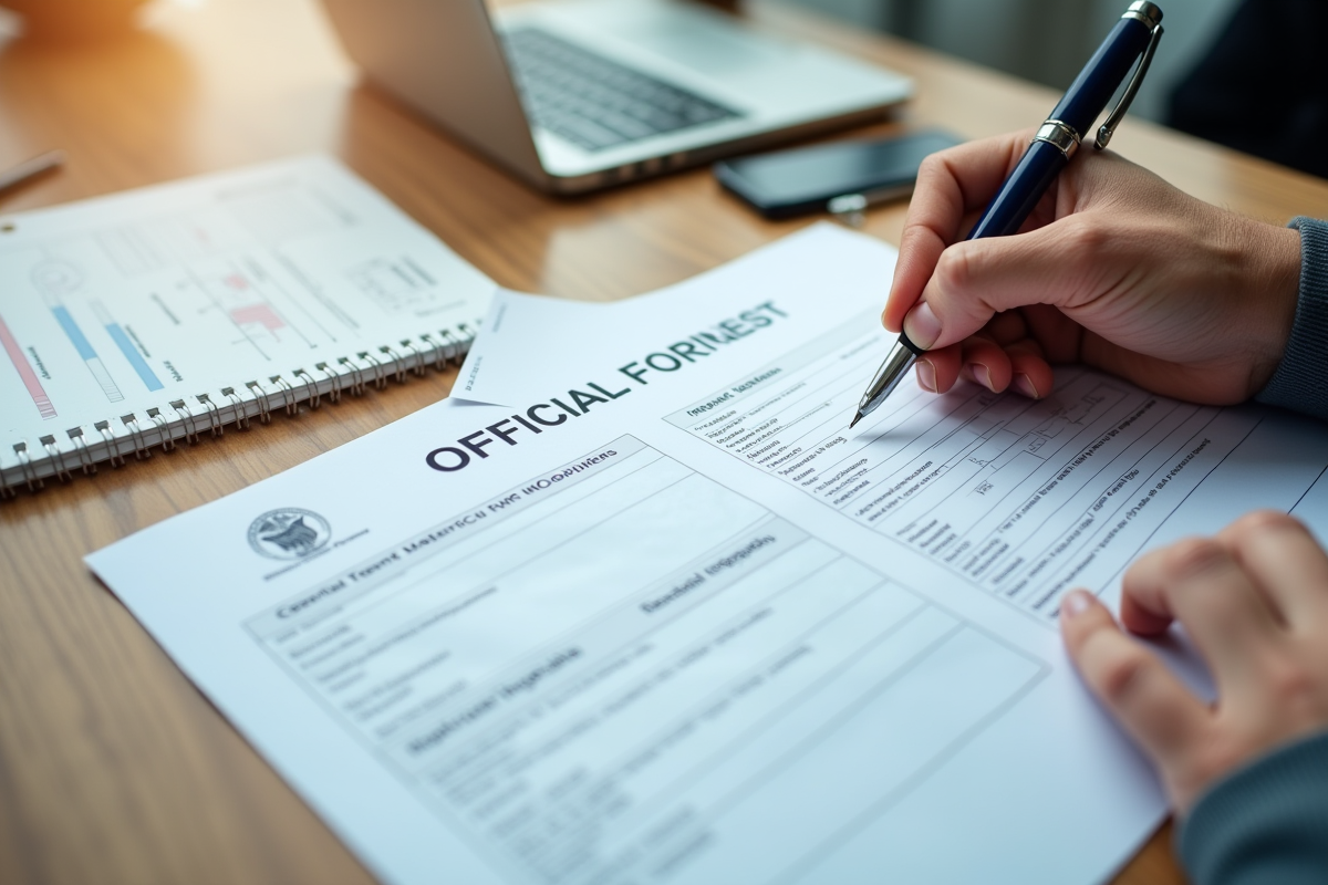 Main remplissant formulaire sur bureau avec papiers officiels