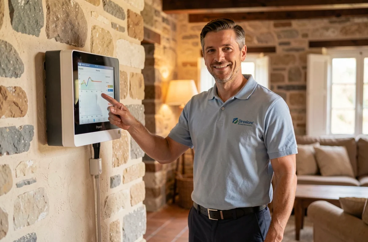 Technicien Domos Énergie présentant un système de monitoring énergétique solaire dans une maison provençale