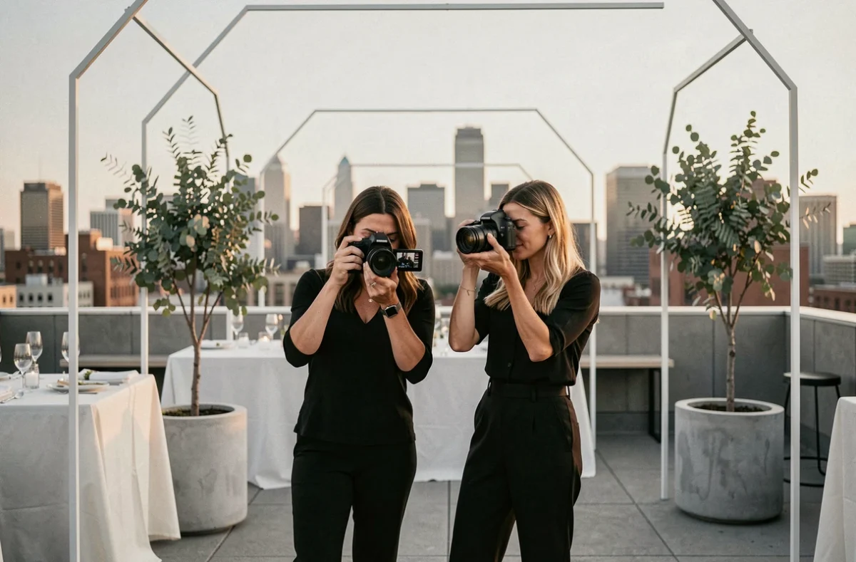 Deux femmes photographes de mariage en duo collaborant sur un rooftop urbain décoré avec des arches minimalistes et une vue sur la ville