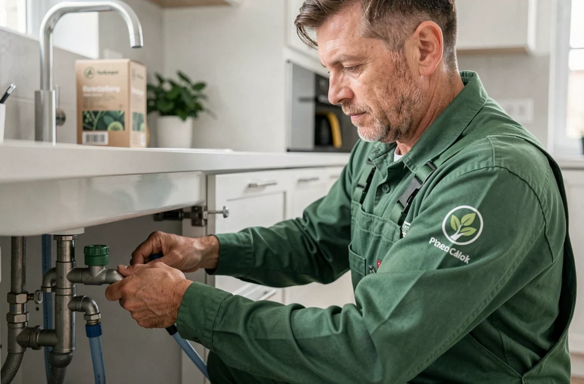 Technicien d'Eco Evolution 39 installant des tuyaux éco-responsables sous un évier de cuisine moderne