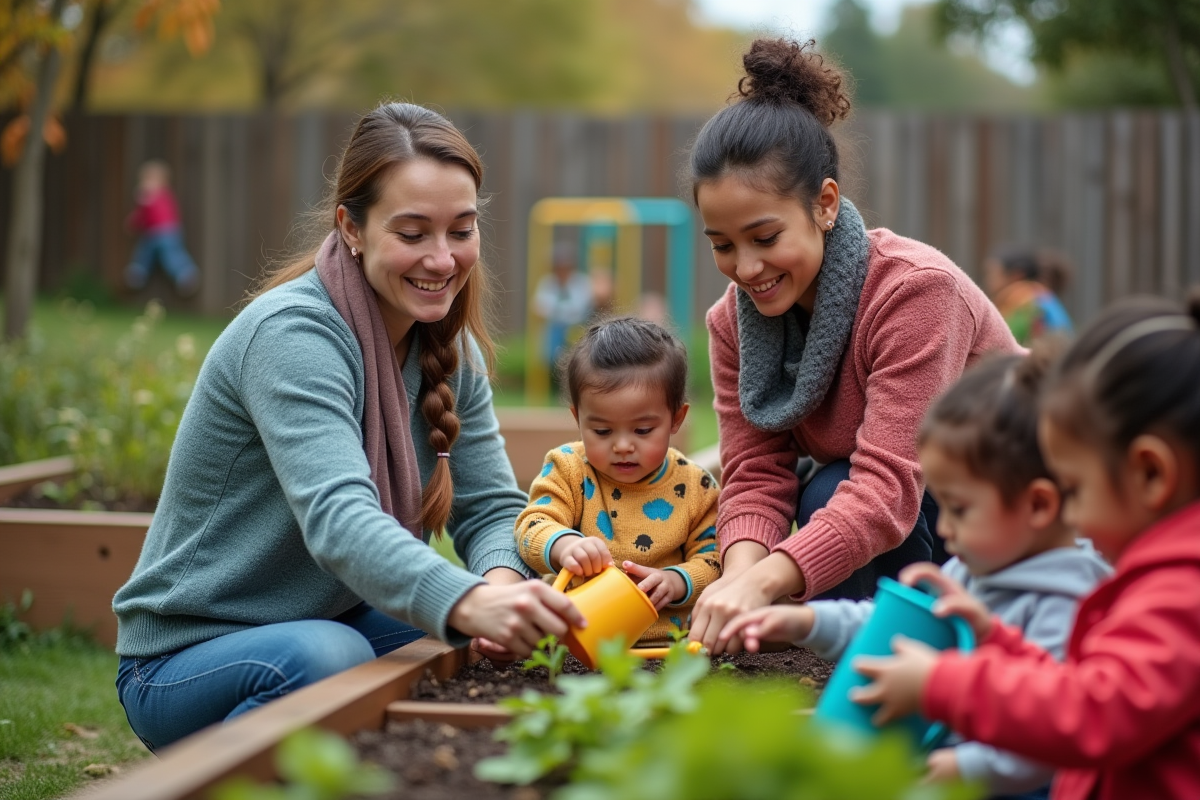 Deux éducateurs guidant des tout-petits dans un jardin éducatif