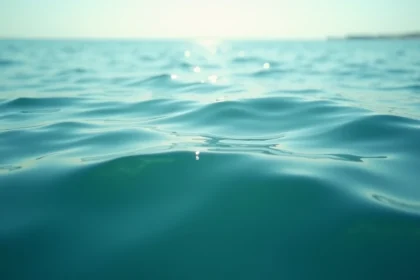 Surface de l'océan calme en vue rasante, reflets turquoise et mousse naturelle symbolisant l'élément eau dans l'univers de Tia Halibel
