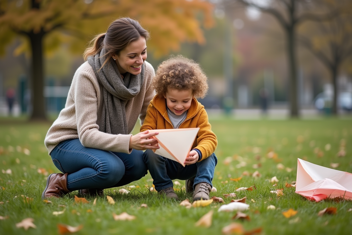 Fille et garçon rieurs avec cerf-volant dans le parc