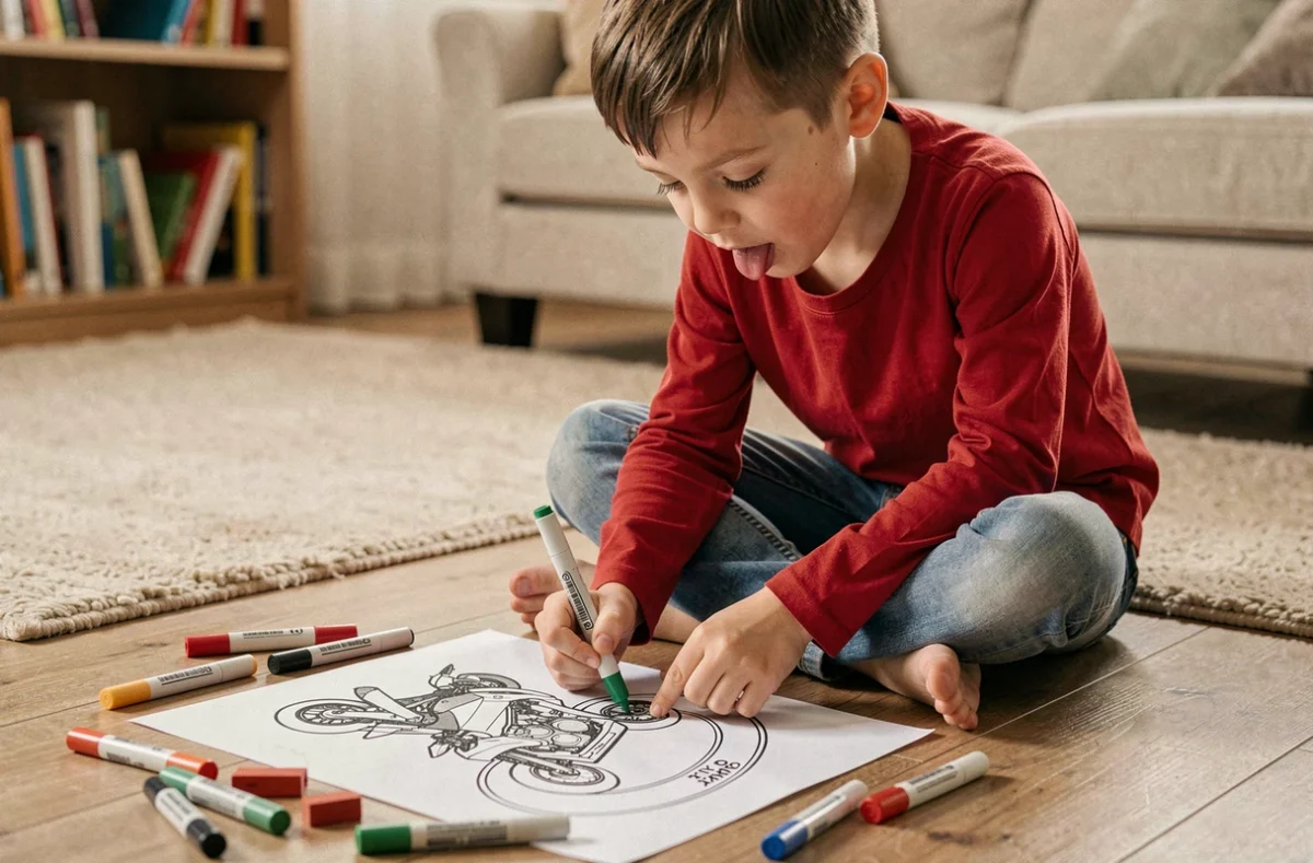 Enfant coloriant un circuit de moto sur une feuille détaillée posée sur le parquet, entouré de feutres colorés