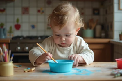 Bébé curieux peignant avec de la peinture bleue dans la cuisine