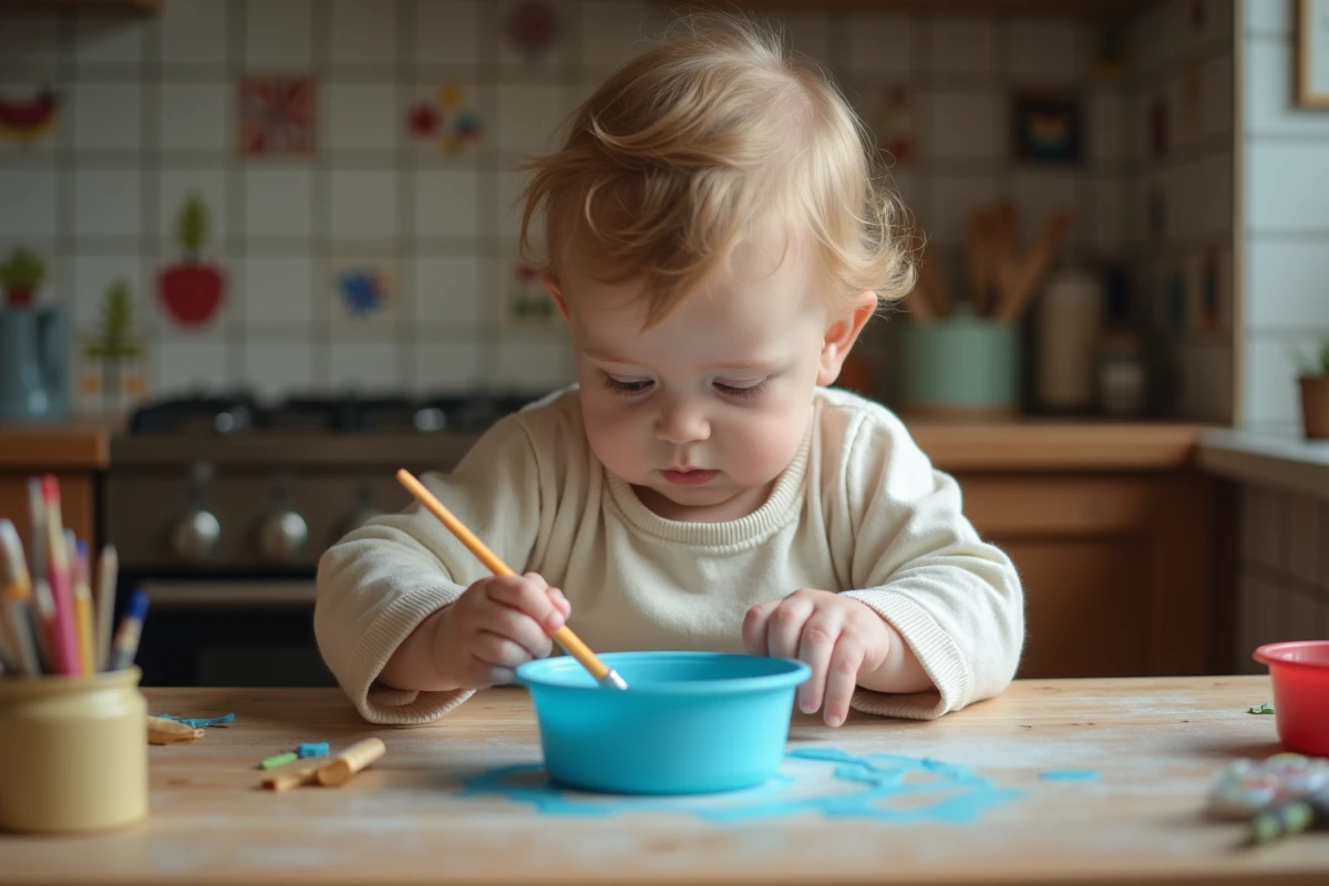 Bébé curieux peignant avec de la peinture bleue dans la cuisine