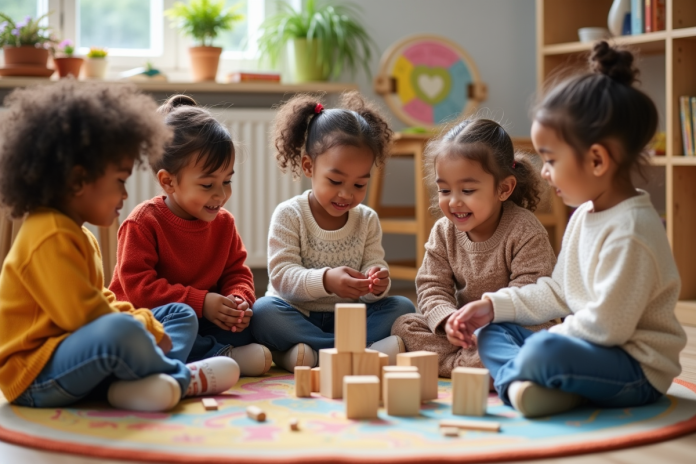 Groupe d'enfants d'âge préscolaire jouant ensemble dans une classe chaleureuse