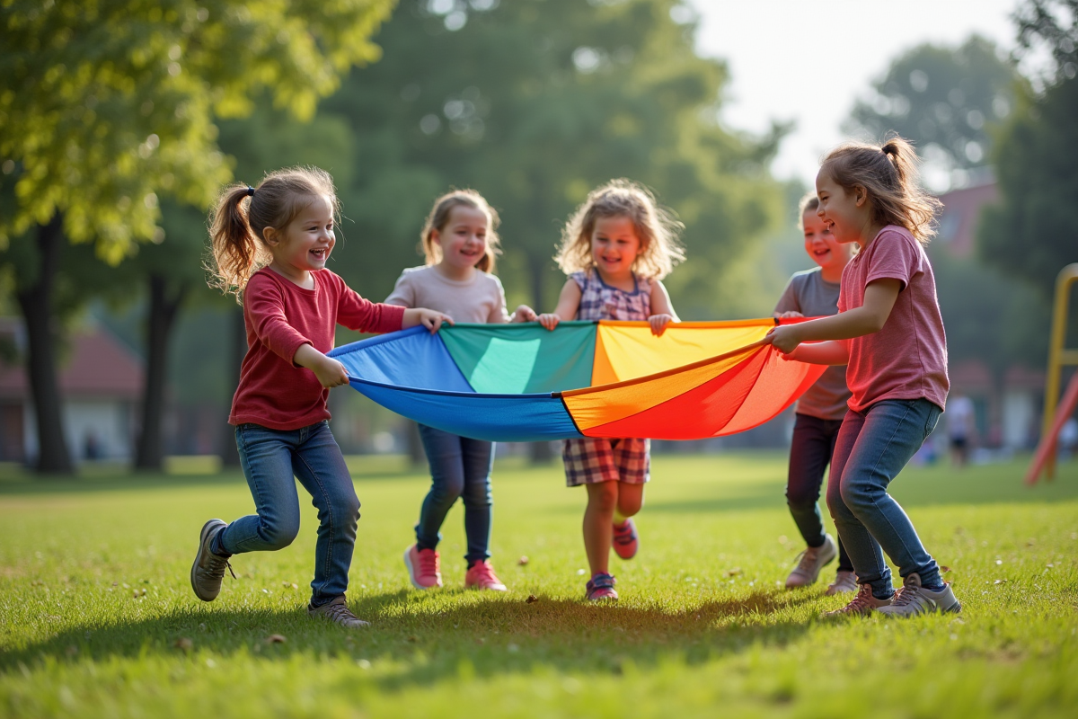 Quatre enfants jouent avec un parachute dans un terrain de jeu vert