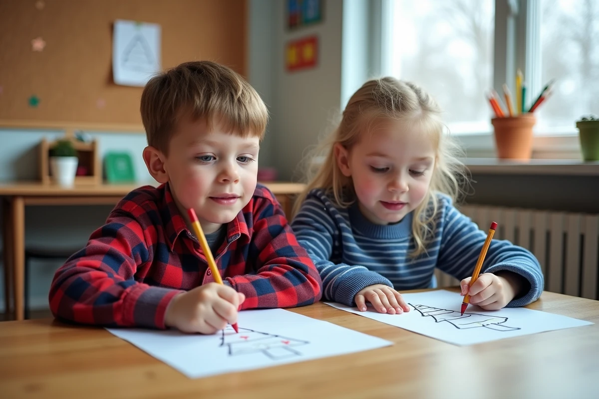Enfants coloriant des dessins de Noël imprimés en classe avec des crayons de cire
