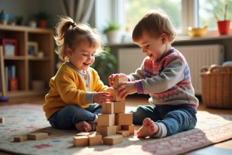 Deux enfants jouent avec des blocs en bois dans un salon chaleureux