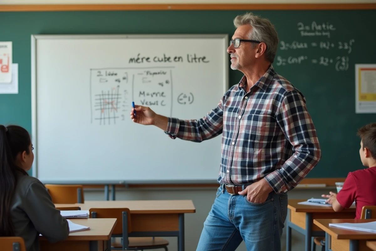 Homme expliquant la conversion m3 en litre devant un tableau