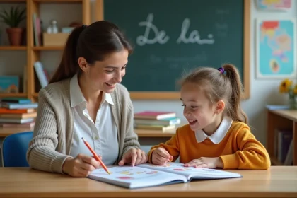 Enseignante française souriante avec une élève lisant un livre de grammaire