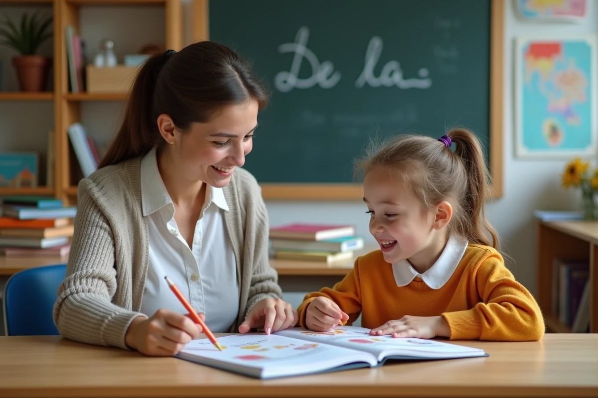 Enseignante française souriante avec une élève lisant un livre de grammaire