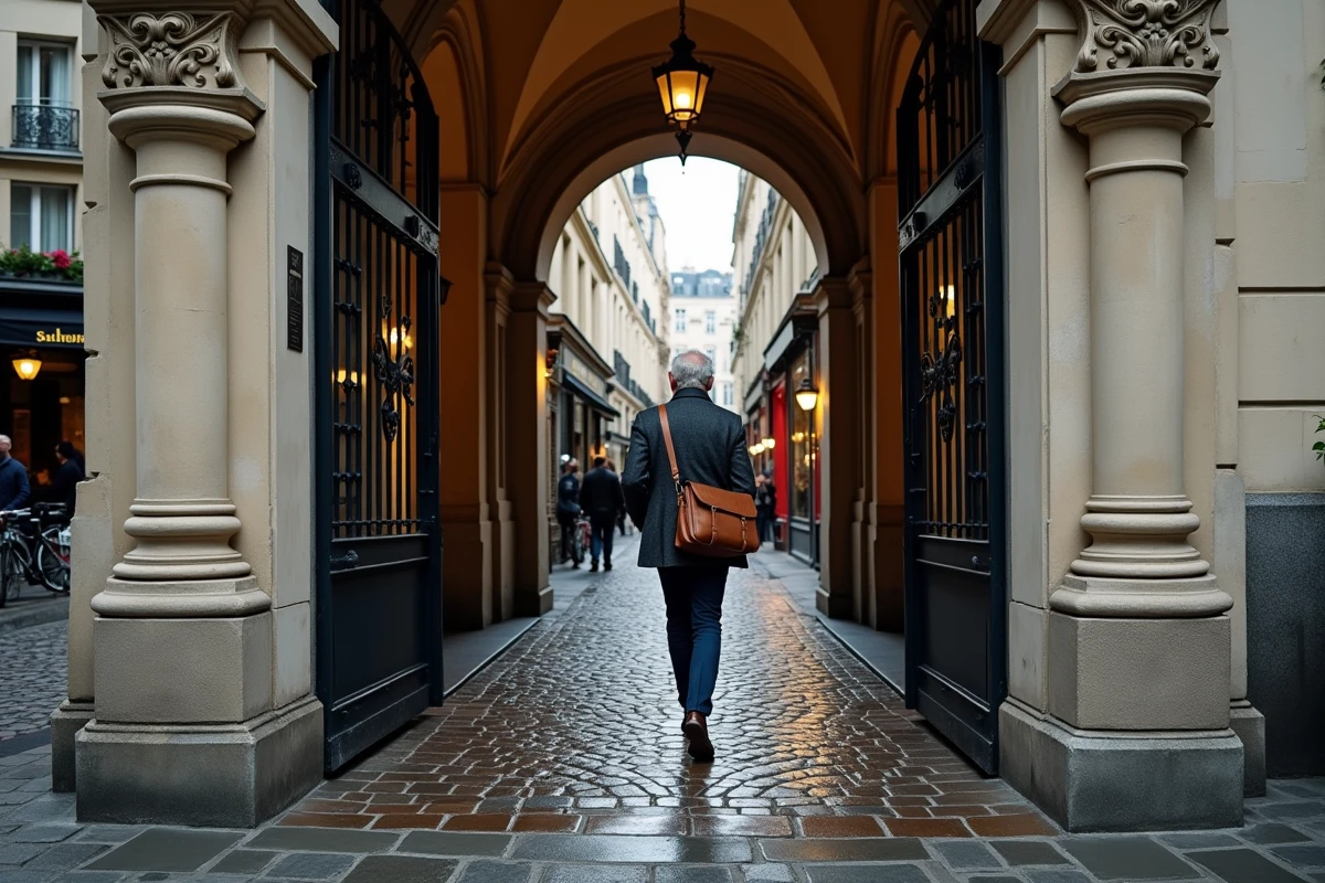 Entrée extérieure du Passage Vivienne rue Vivienne à Paris, avec son portail en fer forgé et son arche en pierre sur pavés mouillés