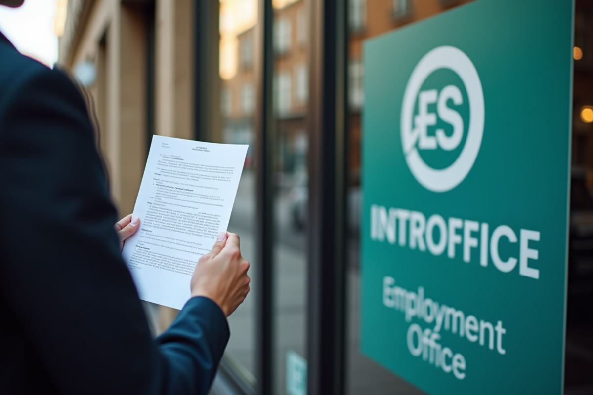 Personne tenant une lettre officielle devant un bureau pole emploi