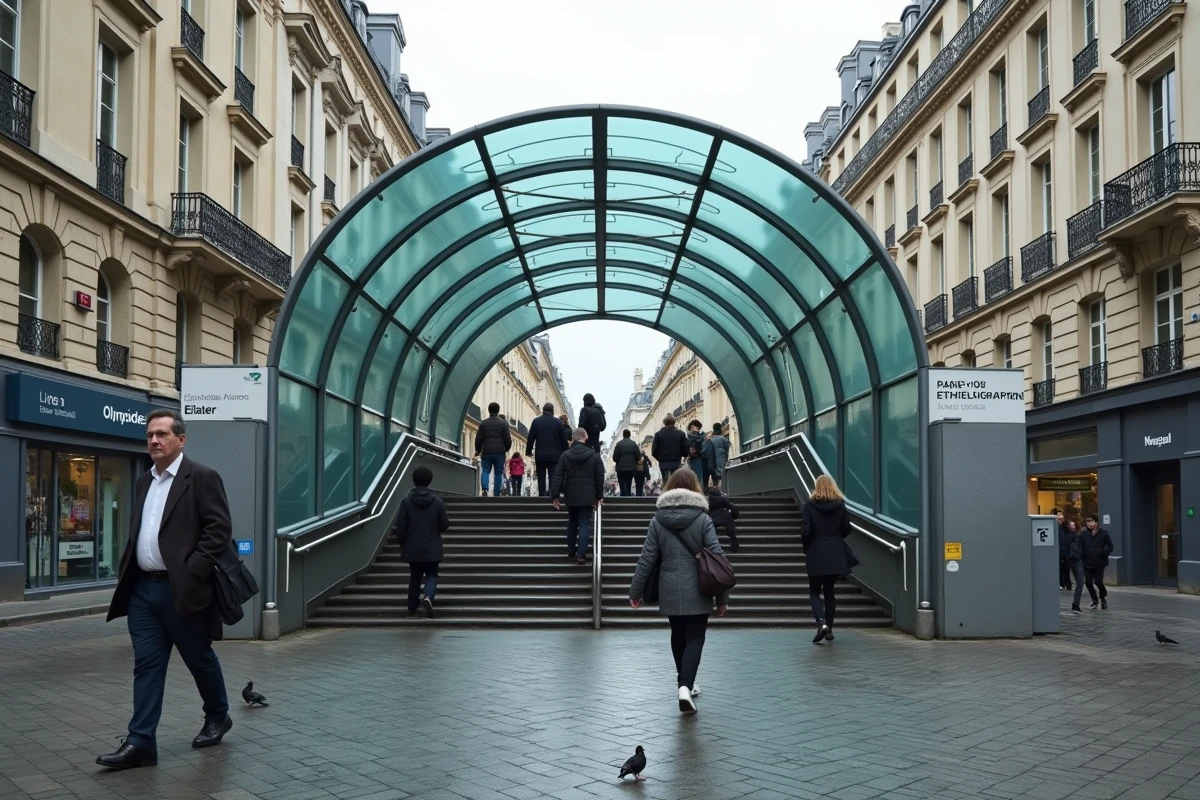 Entrée de la station de métro ligne 14 Olympiades avec des passagers descendant vers les quais