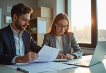 Jeune couple étudiant des documents d emploi lors d un entretien