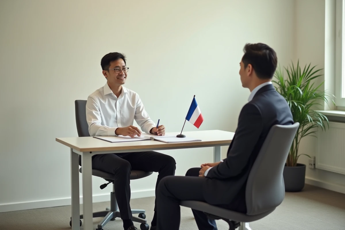 Homme passant un entretien de naturalisation devant un agent administratif en préfecture