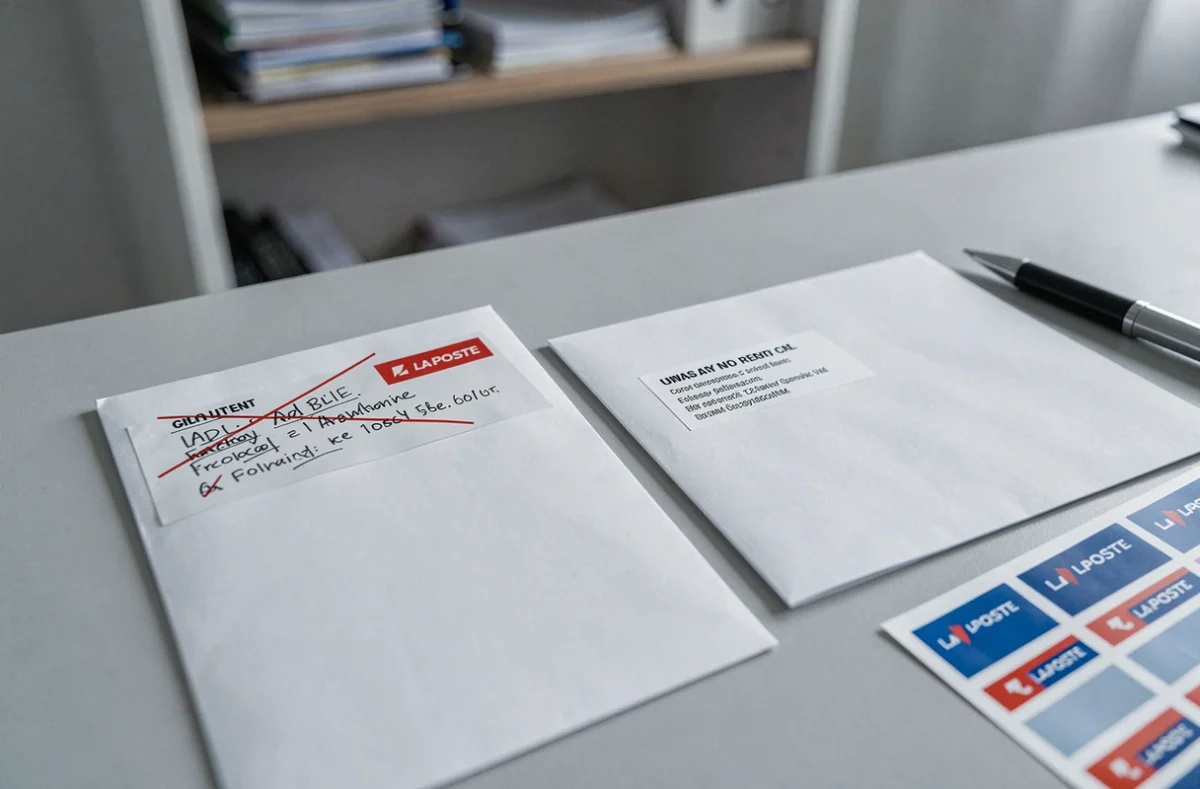 Enveloppes avec étiquette de réexpédition La Poste et nouvelle adresse sur un bureau