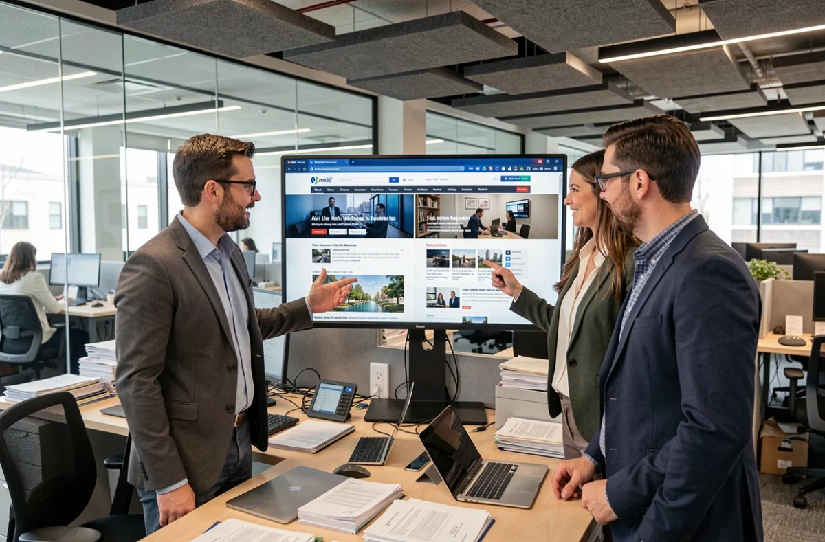Équipe éditoriale analysant et comparant des sites d'actualités généralistes sur grand écran dans une salle de rédaction moderne