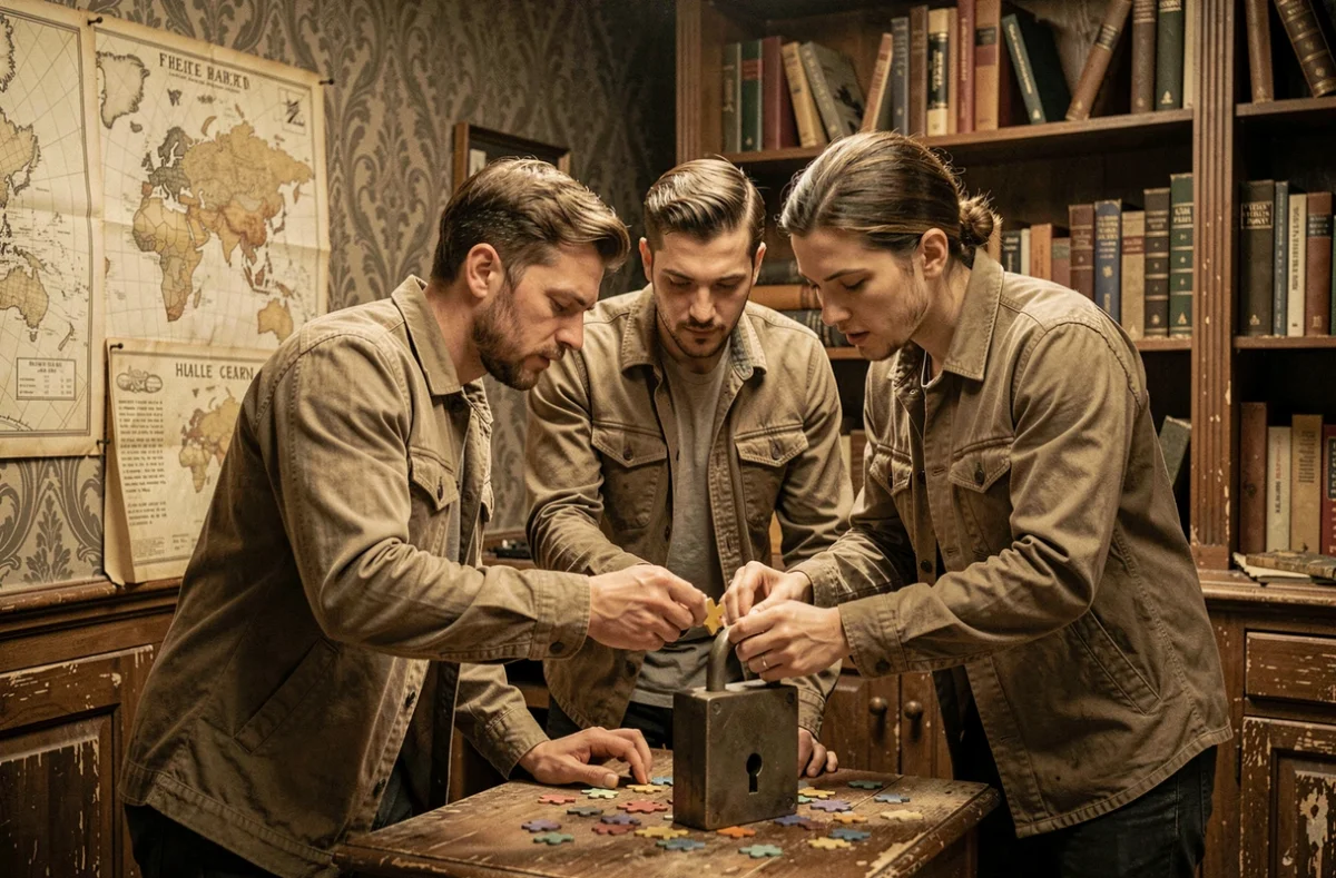 Groupe de collègues résolvant des énigmes dans un escape game thématique après le travail à Lyon
