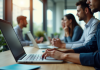 Espace de travail moderne avec professionnels utilisant ordinateurs
