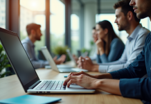 Espace de travail moderne avec professionnels utilisant ordinateurs