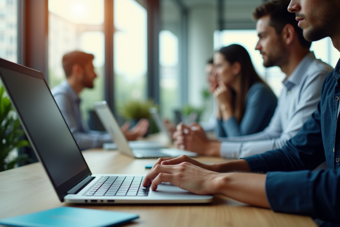Espace de travail moderne avec professionnels utilisant ordinateurs