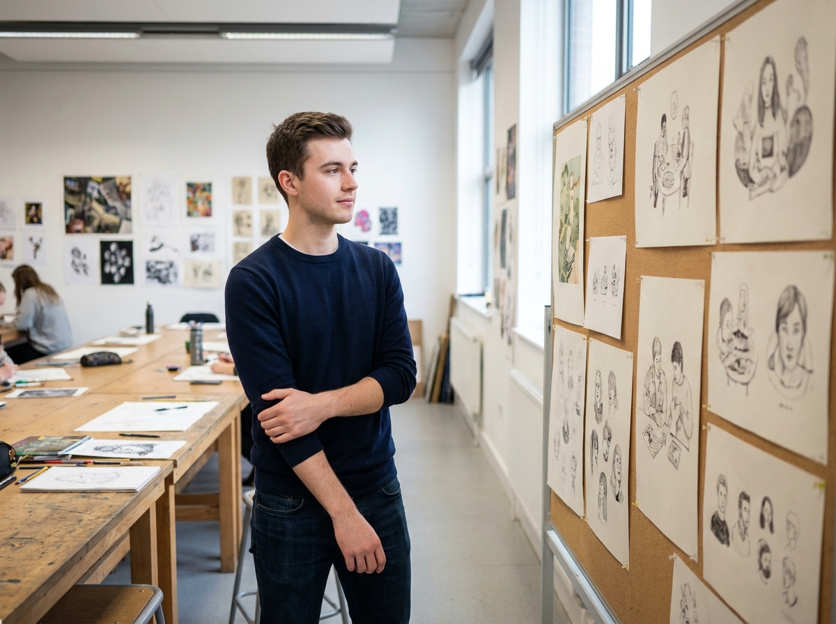 Étudiant en illustration présentant ses travaux sur un tableau d'affichage dans une école d'art