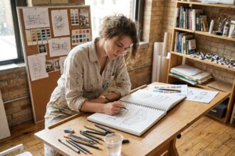 Jeune femme dessinant dans un carnet de croquis dans un atelier d'art après le bac, formation illustration