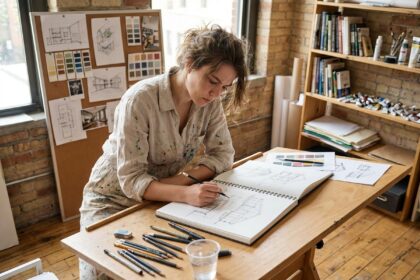 Jeune femme dessinant dans un carnet de croquis dans un atelier d'art après le bac, formation illustration
