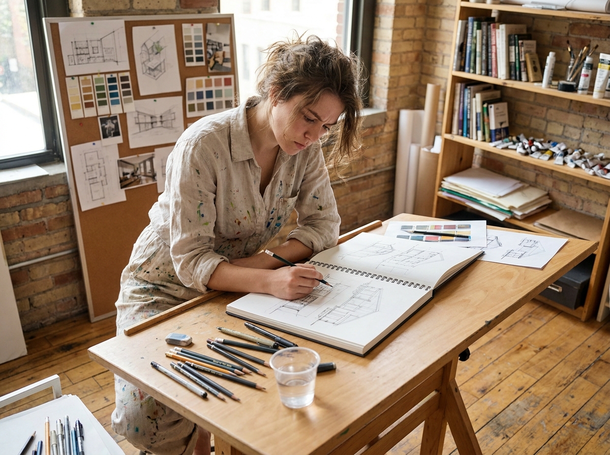 Jeune femme dessinant dans un carnet de croquis dans un atelier d'art après le bac, formation illustration