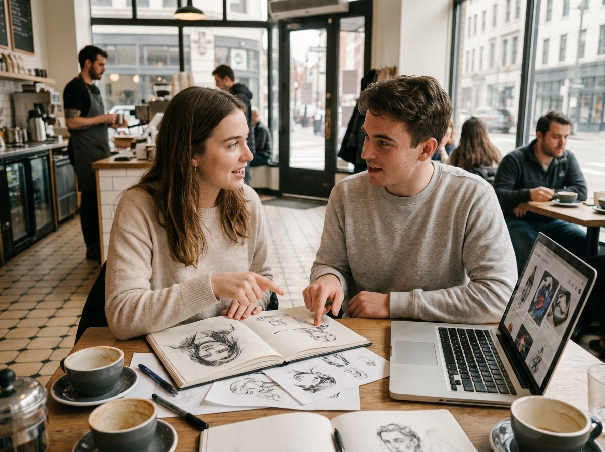 Deux jeunes étudiants en illustration discutant de leur portfolio dans un café, orientation post-bac