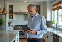 Expert immobilier examinant une cuisine moderne avec tablette