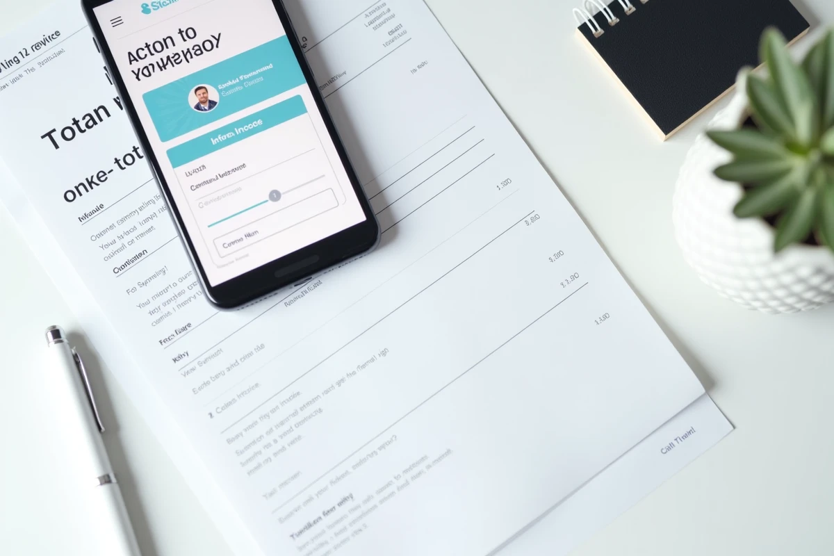 Vue de dessus d'une facture Sosh, d'un smartphone et d'un bloc-notes sur un bureau blanc pour contester une erreur de facturation