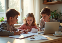 Famille calculant ses dépenses mensuelles à la maison