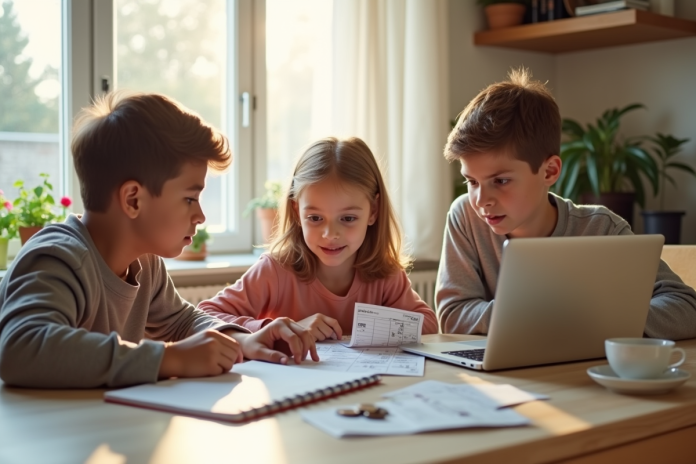 Famille calculant ses dépenses mensuelles à la maison