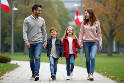Famille de quatre se promenant dans un parc urbain moderne