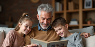 Droit beau-père : quelles sont ses obligations et droits ? Famille souriante regardant un album photo dans un salon chaleureux