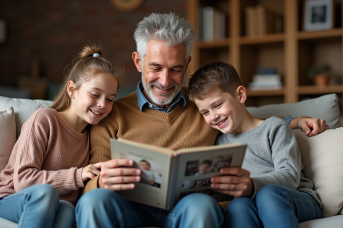 famille-photo-album-cosy Famille souriante regardant un album photo dans un salon chaleureux