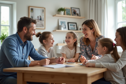 Famille recomposée autour d'une table en intérieur lumineux
