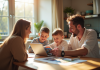 Famille heureuse à la table cuisine avec brochures vacances