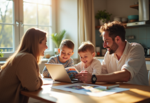 Famille heureuse à la table cuisine avec brochures vacances
