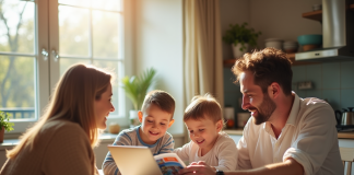 Famille heureuse à la table cuisine avec brochures vacances