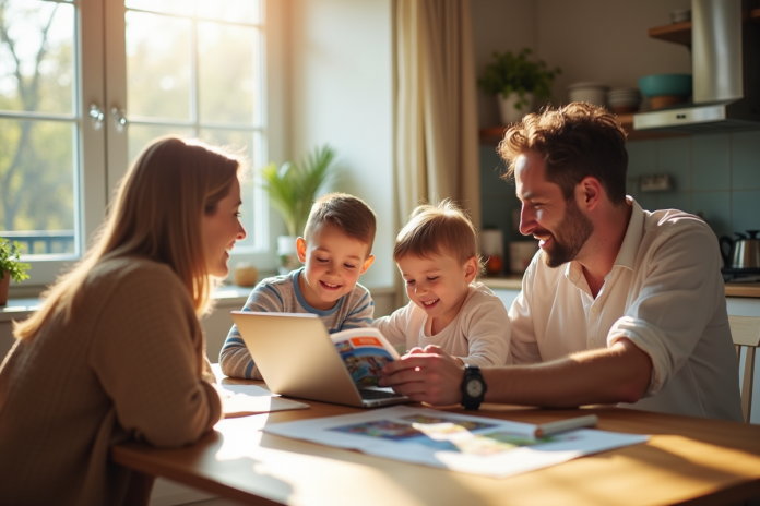 Famille heureuse à la table cuisine avec brochures vacances