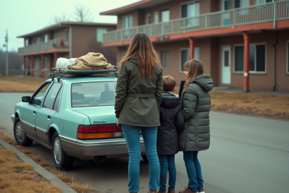 Famille devant une voiture et un motel en ville